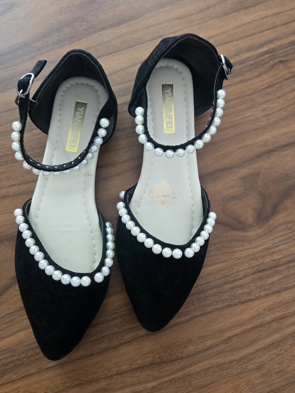 Pearl Embellished Pointed Toe Mary Jane Flats Black Suede Coquette 7